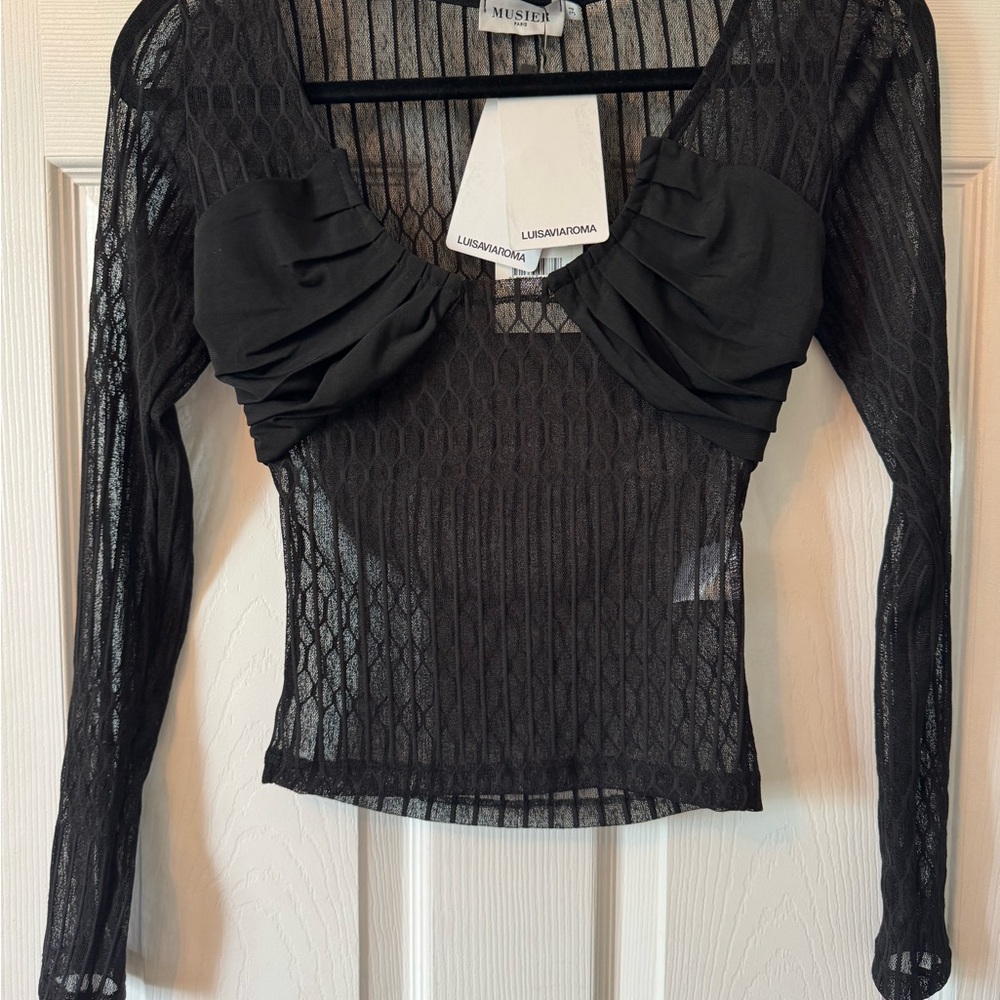 Musier Paris Black Ruched Ribbed Blouse